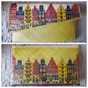 Vintage printed Straw Weave Clutch Bag Envelope -Flat Summer beach bag